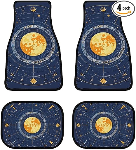 Car Floor Mats Set 4 Piece Moon Phase Sun Zodiac Mystic Astrology Foot Mat Automotive Floor Mats All-Weather Car Mat Front Rear Carpets Mats Non Slip Car Interior Carpets for Car SUV Truck