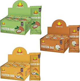 AMRITA Apple Cinnamon (12 bars) + Mango Coconut (12 bars) + Chocolate Maca (12 bars) Vegan 15g Protein Bars Bundle - High ...