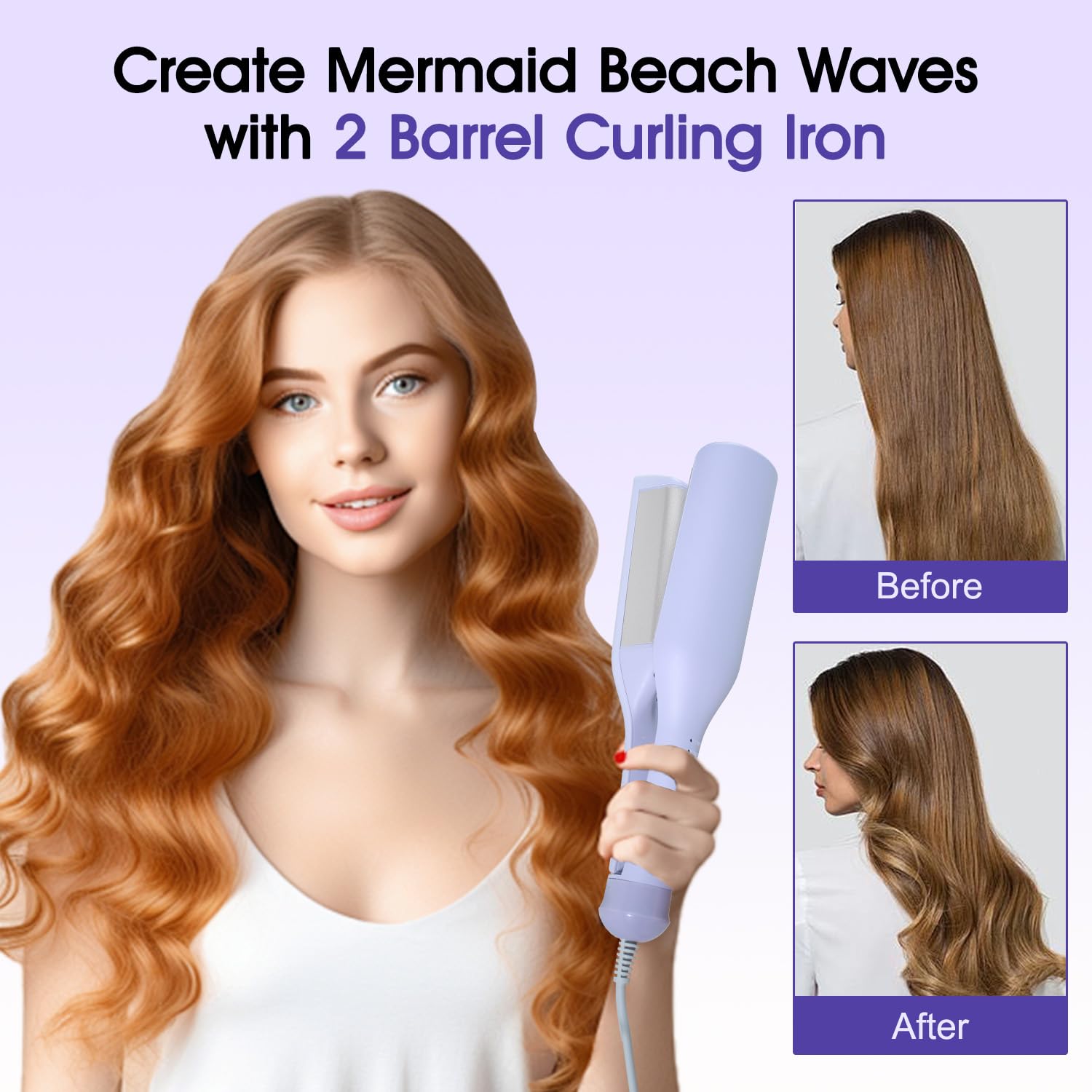 Tieumioe Beach Waves Curling Iron 1.4 Inch Double Barrel Waver, Ceramic Wave Iron for Hair Crimper for Women, Anti-Scald, Dual Voltage Wavy Iron Deep Waver Hair Tool, Purple - Image 2 thumbnail