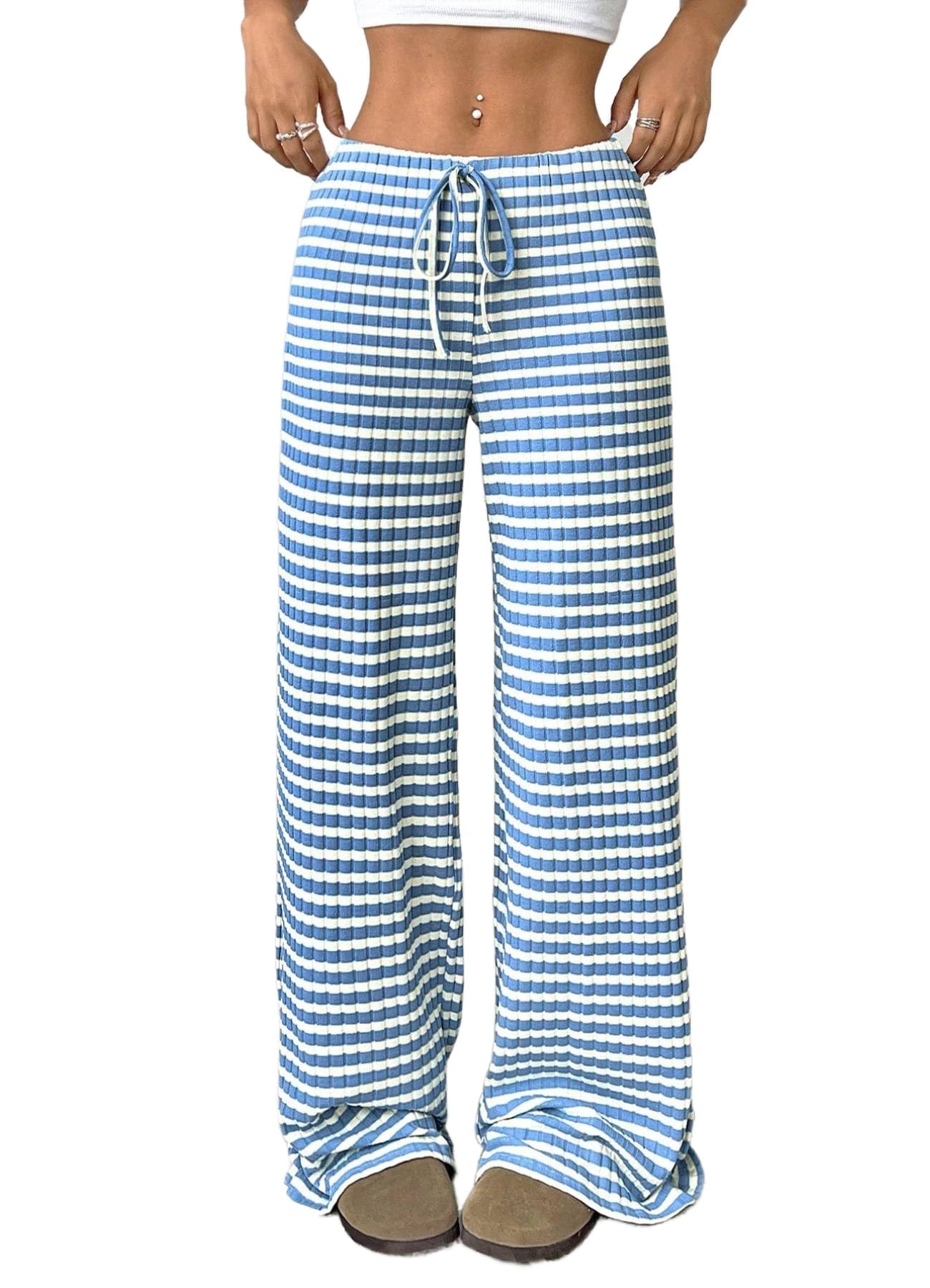 Women's Casual Checkered Pants Drawstring Elastic Waist Comfy Loose Straight Wide Leg Plaid Pants with Pockets