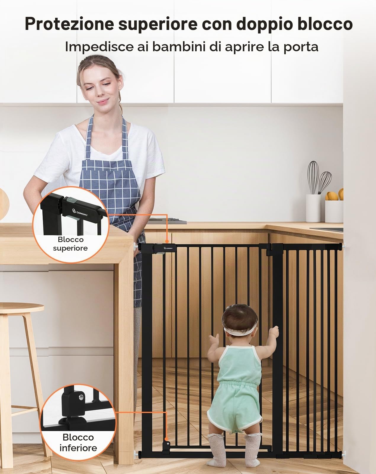 COMOMY Cancelletto extra alto da 106,7 cm per scale, adatto per aperture da 74,9 cm a 110 cm di larghezza, chiusura automatica robusta, cancello di sicurezza per cani, montaggio a pressione, facile