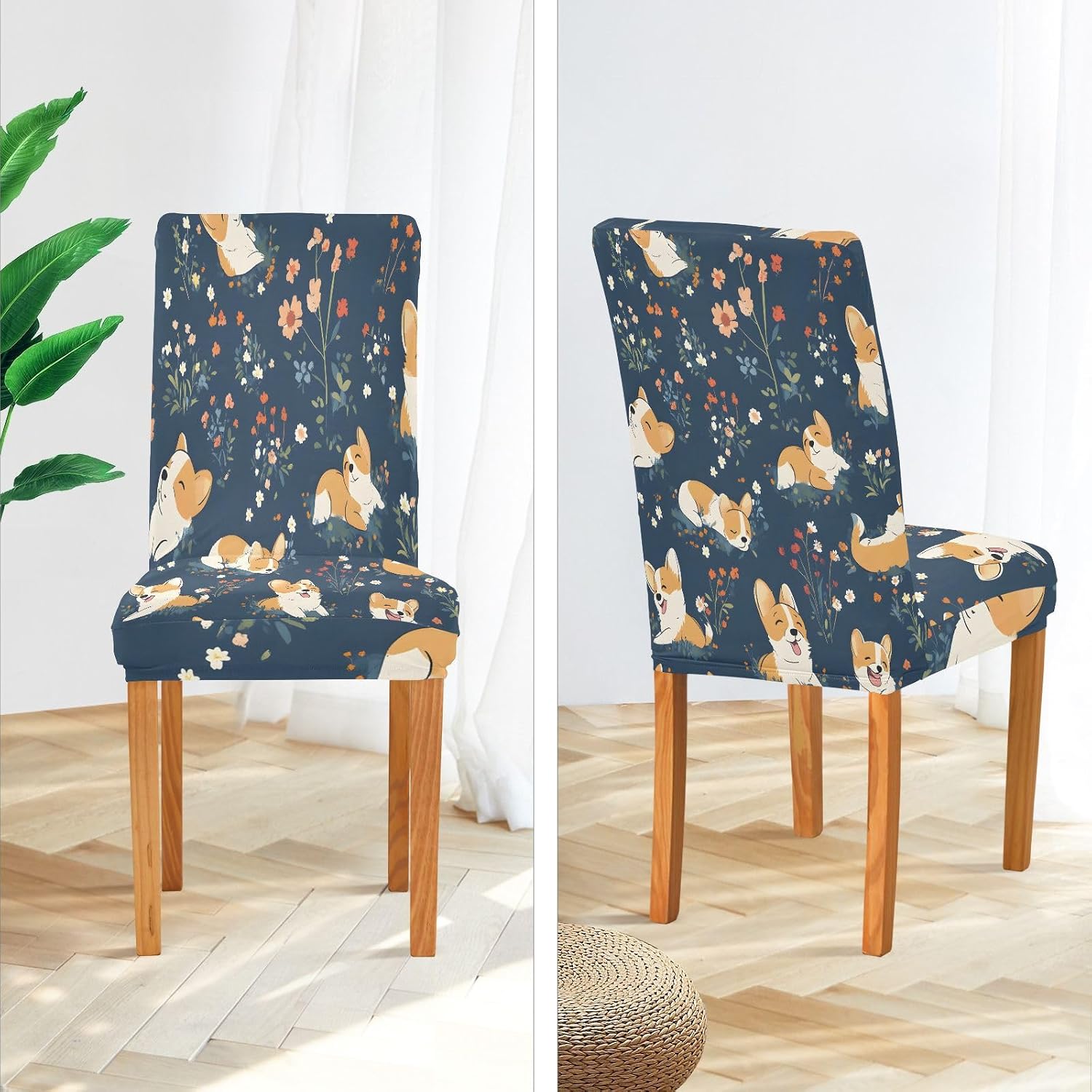 ALAZA Chair Covers for Dining Room, Corgis Poses Flower Pattern Stretch Chair Cover Sets Chair Protector Removable Washable for Ktichen Restaurant Hotel