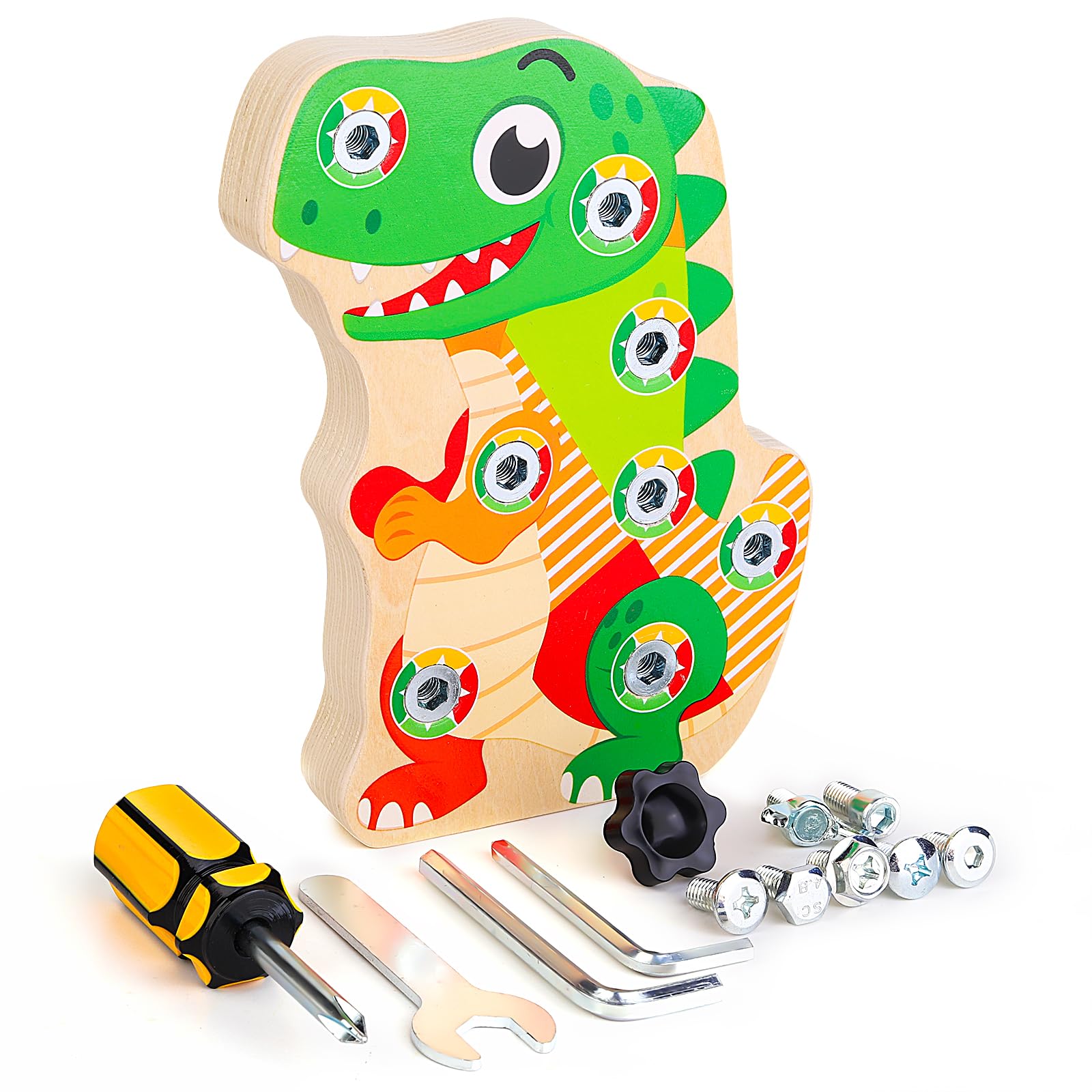 LYOKELC Montessori Screwdriver Board for Toddlers 3+, Wooden Dinosaur Busy Board with Screws & Tools