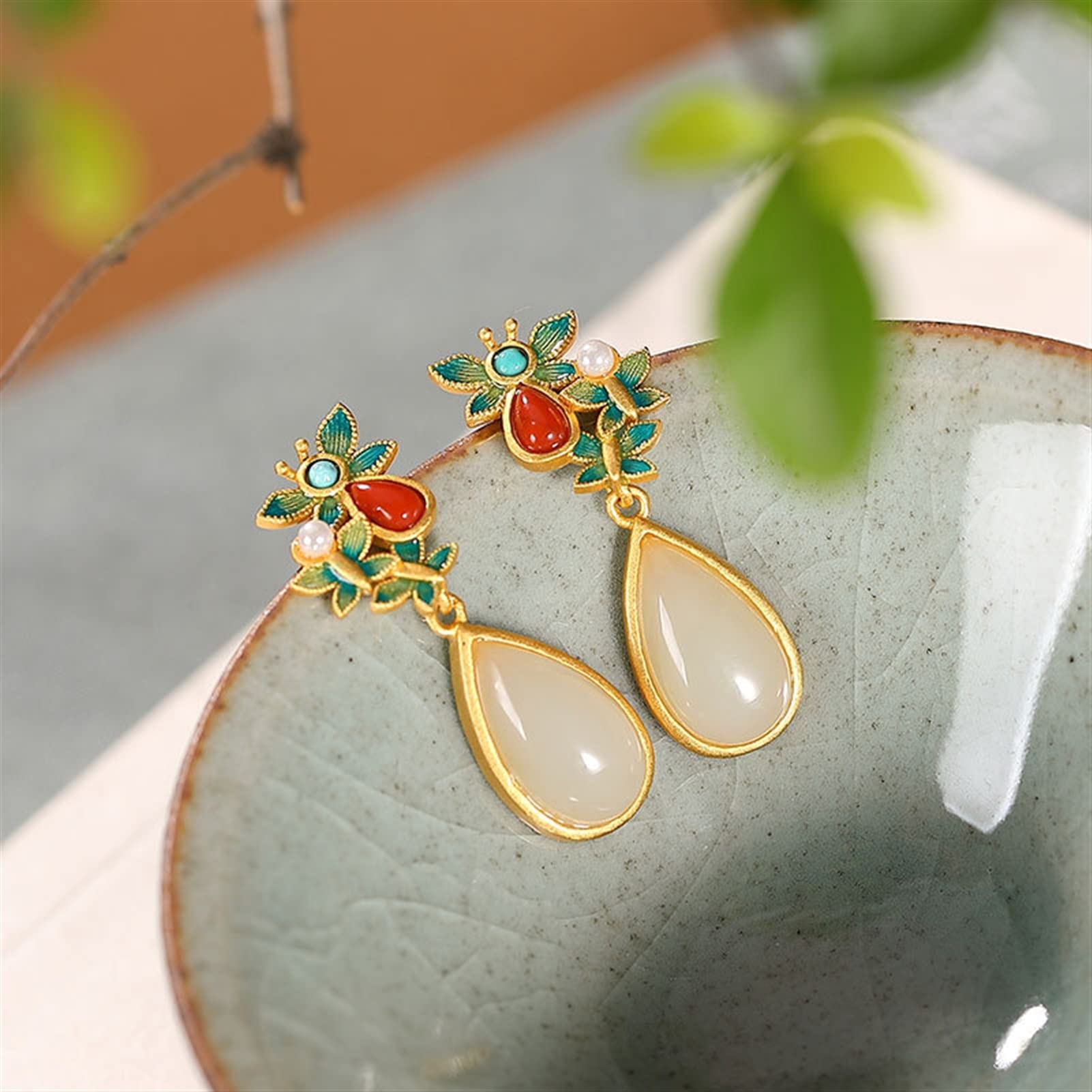 Pendientes de plata S925 chapados en oro con cloisonné y perlas de jade hetiano, pendientes de mujer en forma de gota, joyería