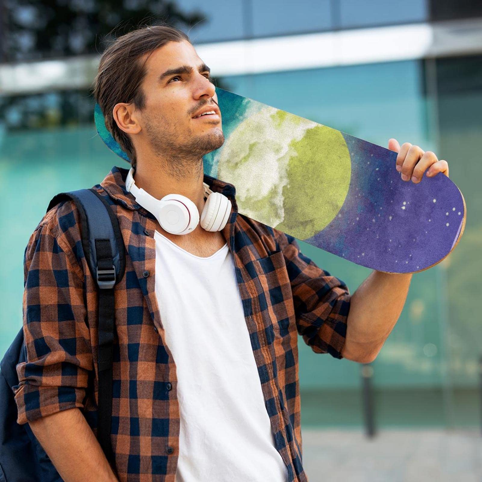 Watercolor Moon Cloud Space Skateboard-Griptape, Schleifpapier, Longboard, Aufkleber, Scooter, Deck, Sandpapier, 2 Stück