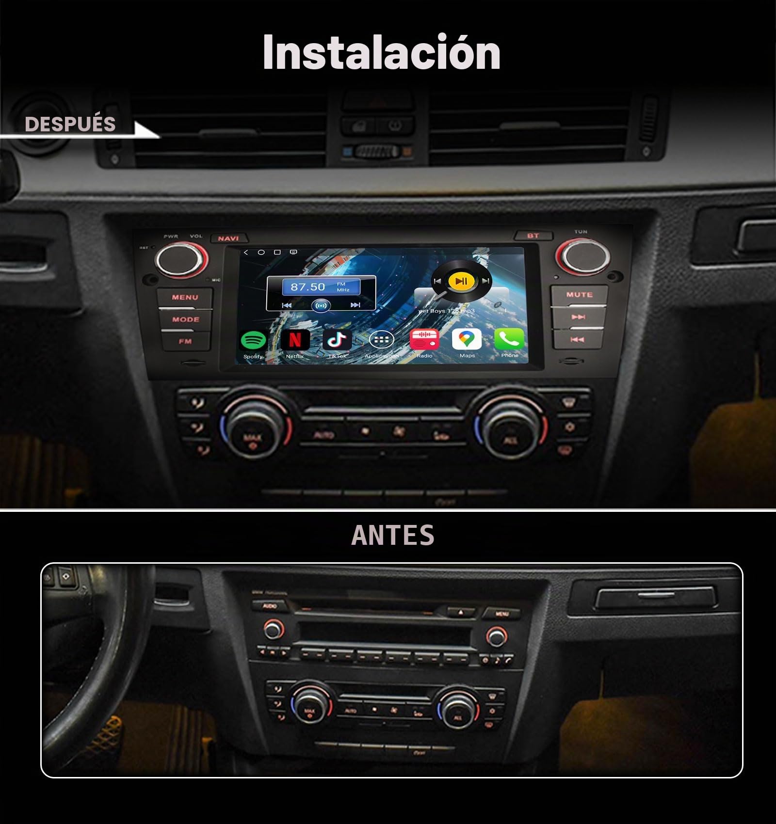 Android 14 Qualcomm 4GB 64GB Radio Coche CarPlay & Android Auto para BMW Serie 3 E90 Berlina E91 Touring E92 Cupé E93 M3 Bluetooth 5.1 Pantalla Táctil Navegador GPS SWC WiFi Canbus Dab+DVR