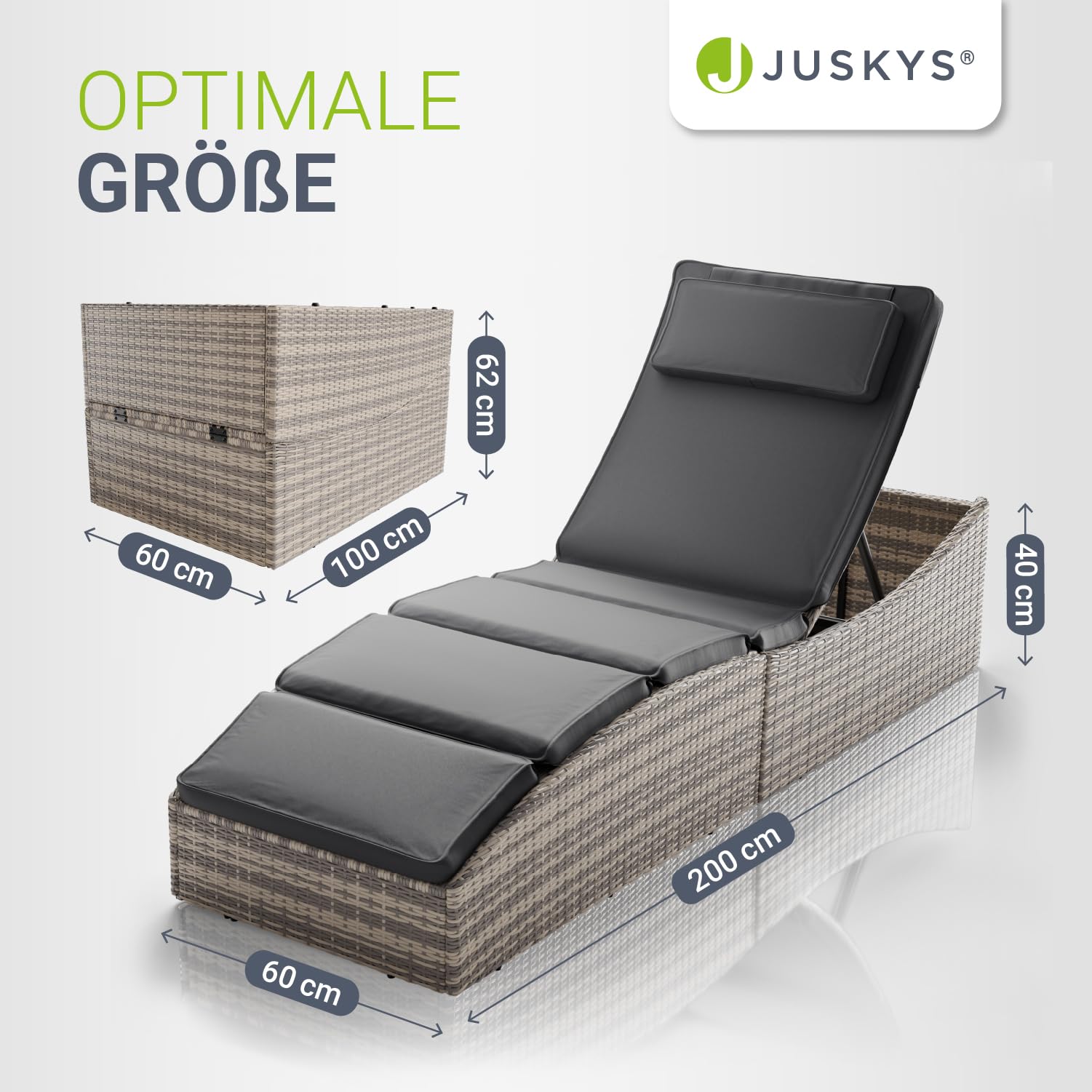 Juskys Sonnenliege Lamia klappbar - Polyrattan Gartenliege mit Auflage, Kopfteil verstellbar, 160 kg belastbar - Garten Balkon Outdoor Liege Grau