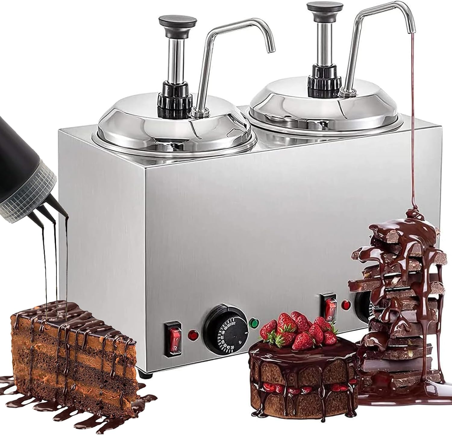 Commercial Cheese Warmers, Double Heads Chocolate Dispenser with 2 * 2L Containers, Sauce Pump Dispenser with 30-110℃ Temperature Adjustable, for Hot Fudge Caramel Butter,