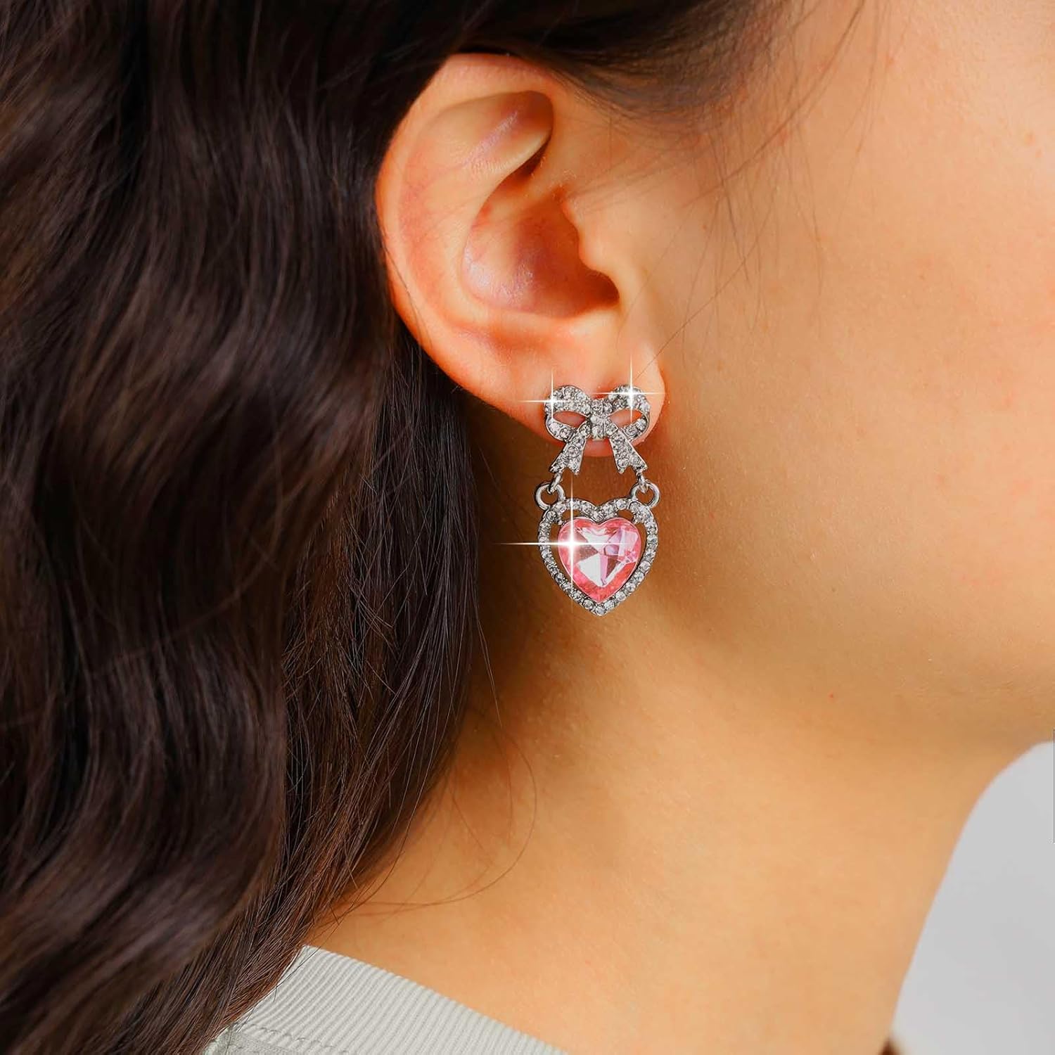 Boho Crystal Heart Earrings Pink Heart Dangle Earrings Vintage CZ Bow Stud Earrings Personalized Bowtie Heart Drop Earrings Jewelry for Women - Image 2