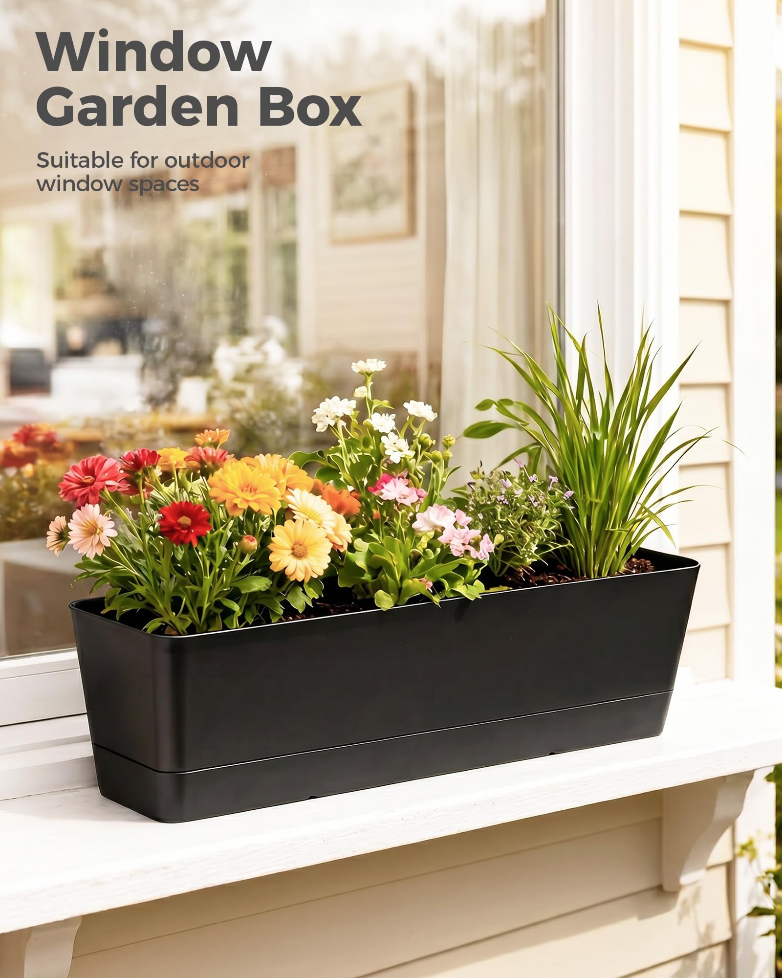 Bamworld 3er-Set Rechteckiger Blumenkasten 42x12 cm mit Drainage, für Sukkulenten auf Fensterbank, Balkon & als Tischdekoration, Schwarz