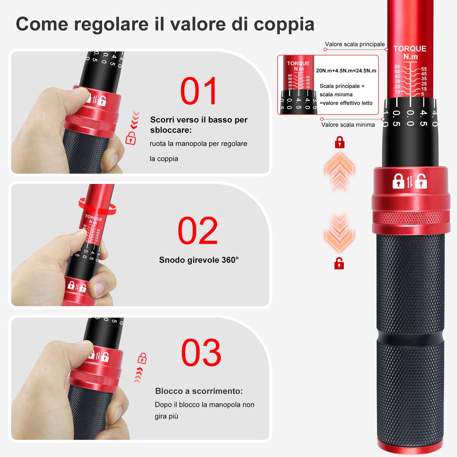 ATsafepro Chiave Dinamometrica 3/8",5-60 nm Chiave Dinamometrica con Adattatore 3/8" A 1/4"&1/2" E Prolunga da 15 cm,Precisione ±3%,Testina A Cricchetto Reversibile,per Auto,Bici,Moto