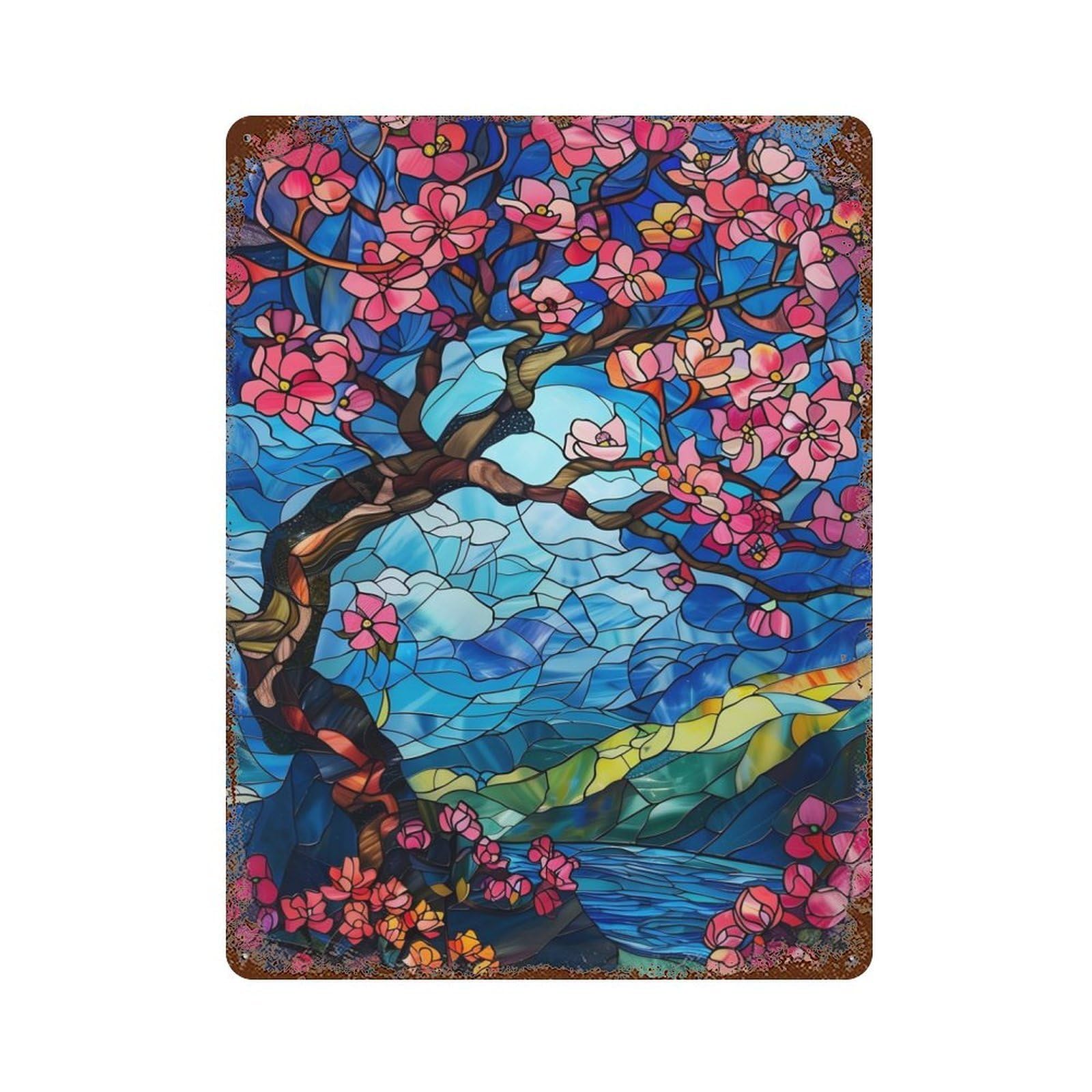 Vintage Rust Metal Sign with Vibrant Cherry Blossoms Design 15.7"x11.8", for Garage, Bar And Workshop Decor, Retro Wall Decor