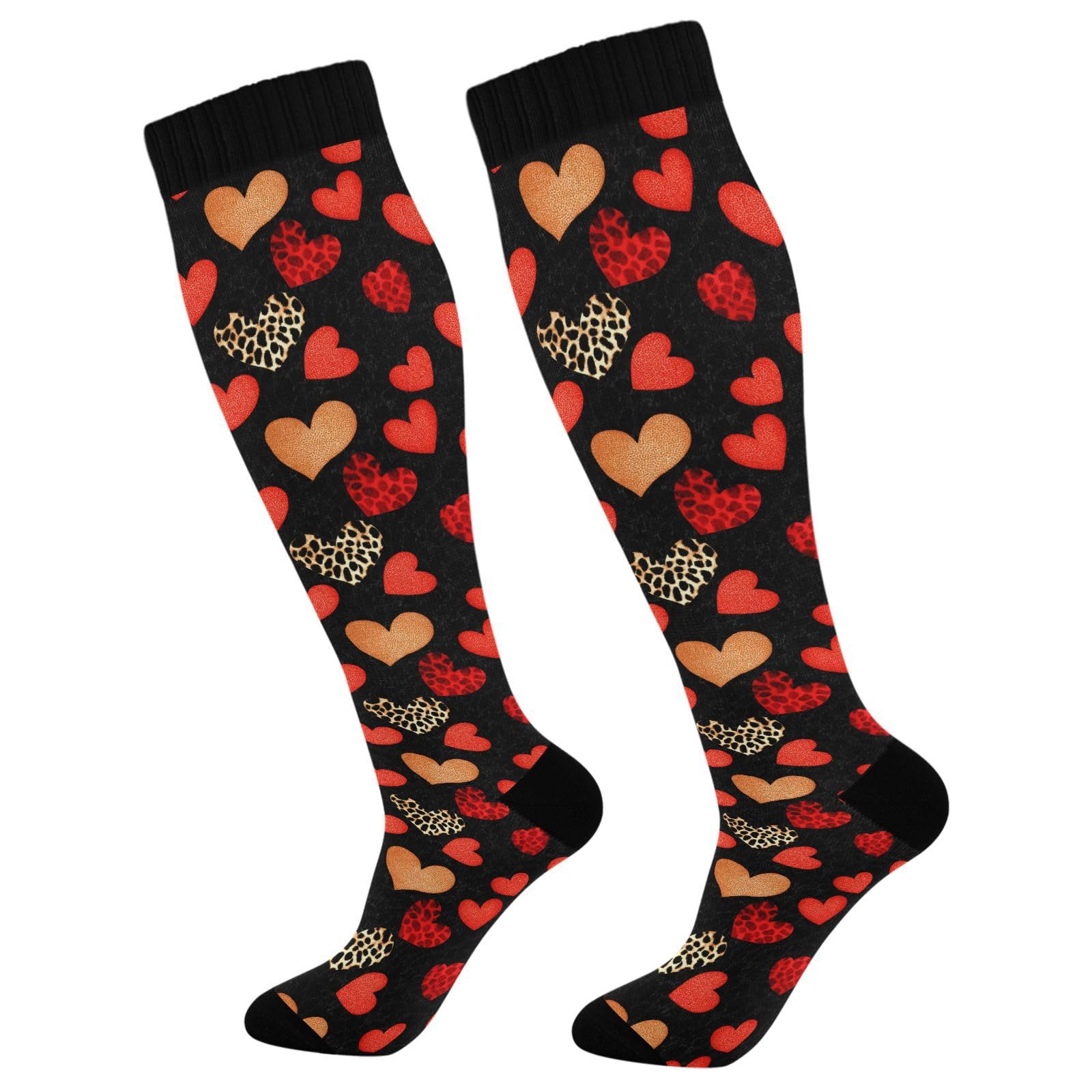 ALAZA Leopard Print Heart Love Compression Socks for Women Men Circulation Long Socks Running Athletic Cycling 2 pair