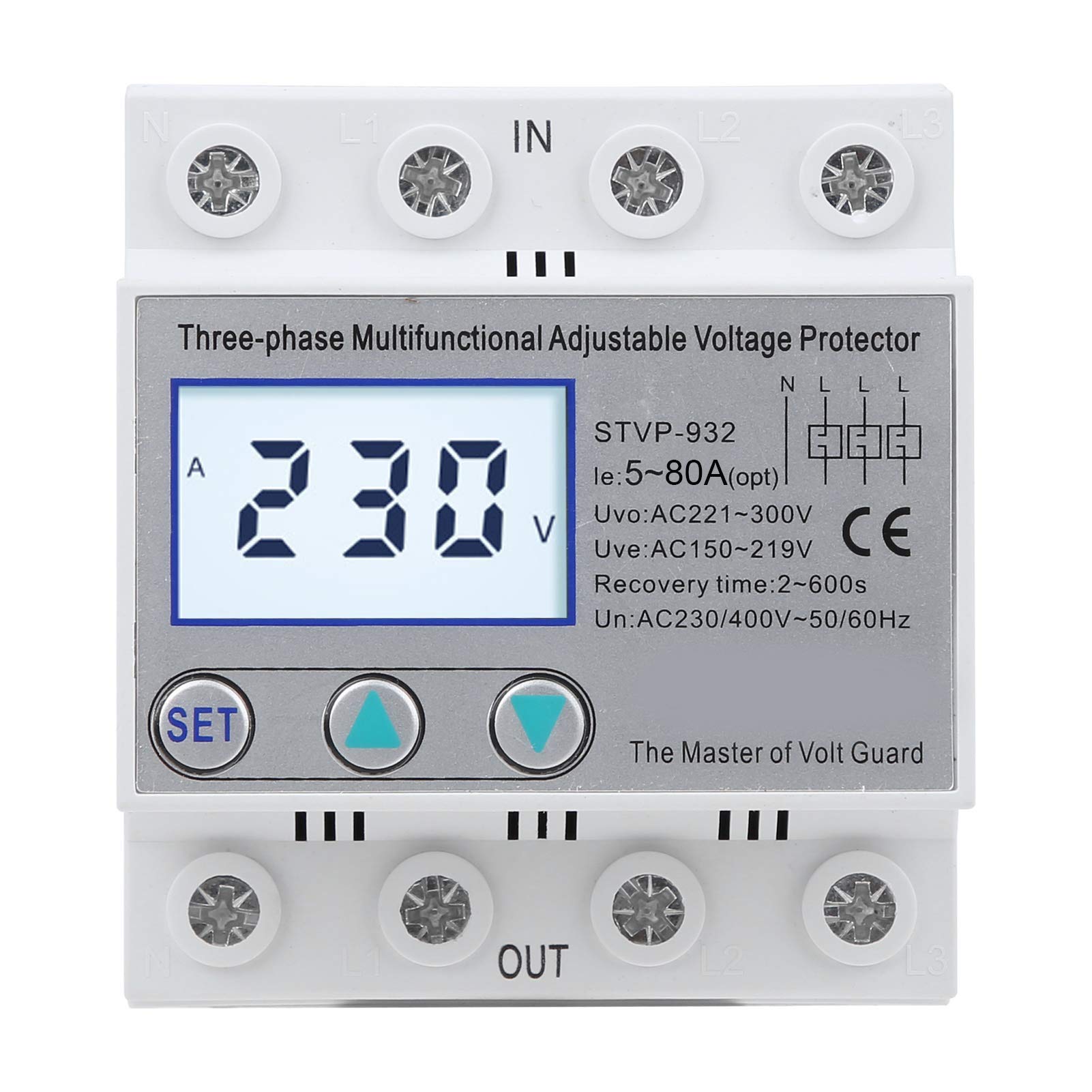 Stabilizzatore di Tensione Trifase Regolabile con Protezione di Tensione e Ripristino Automatico, Display LCD, 63A - Relè di Protezione di Tensione per Uso Industriale e Domestico