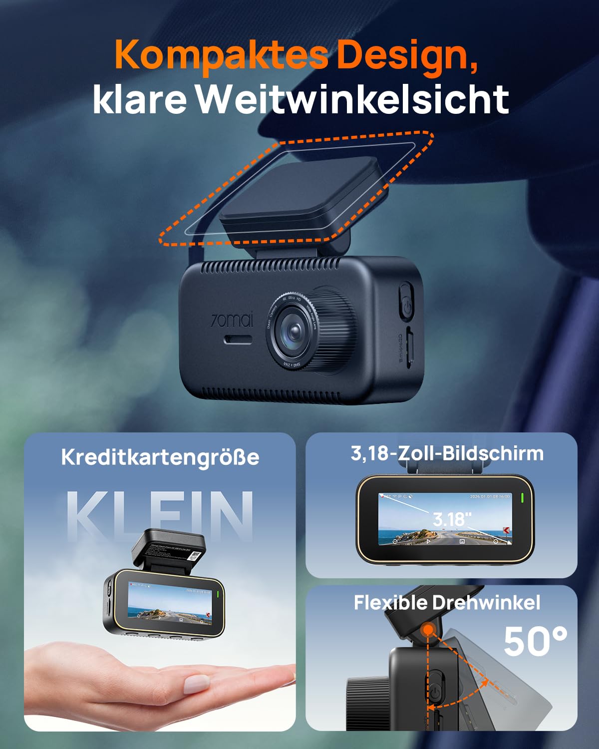 70mai A810 Lite Dashcam 4K 2160P+1080P 64GB Karte 24H Parküberwachung 4G LTE Fernzugriff G-Sensor Nachtsicht HDR F1.55 5GHz WiFi
