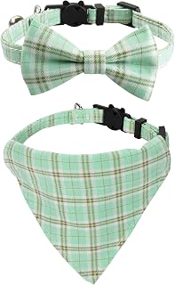 Alainzeo Upgraded Breakaway Cat Collar with Bow Tie and Bell, Cat Collars with Bandana, 2 Pack Adjustable Cute Plaid Cotton Kitten Collar for Male and Female Cats and Small Dogs, Green