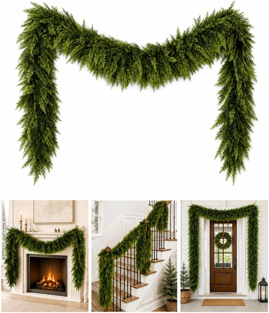 Artificial Christmas Cedar Garland, 6 FT Real Touch Pine Greenery | Soft PE needles and thick bendable branches for fuller mantel, fireplace, stair rail, doorway, porch, and table styling