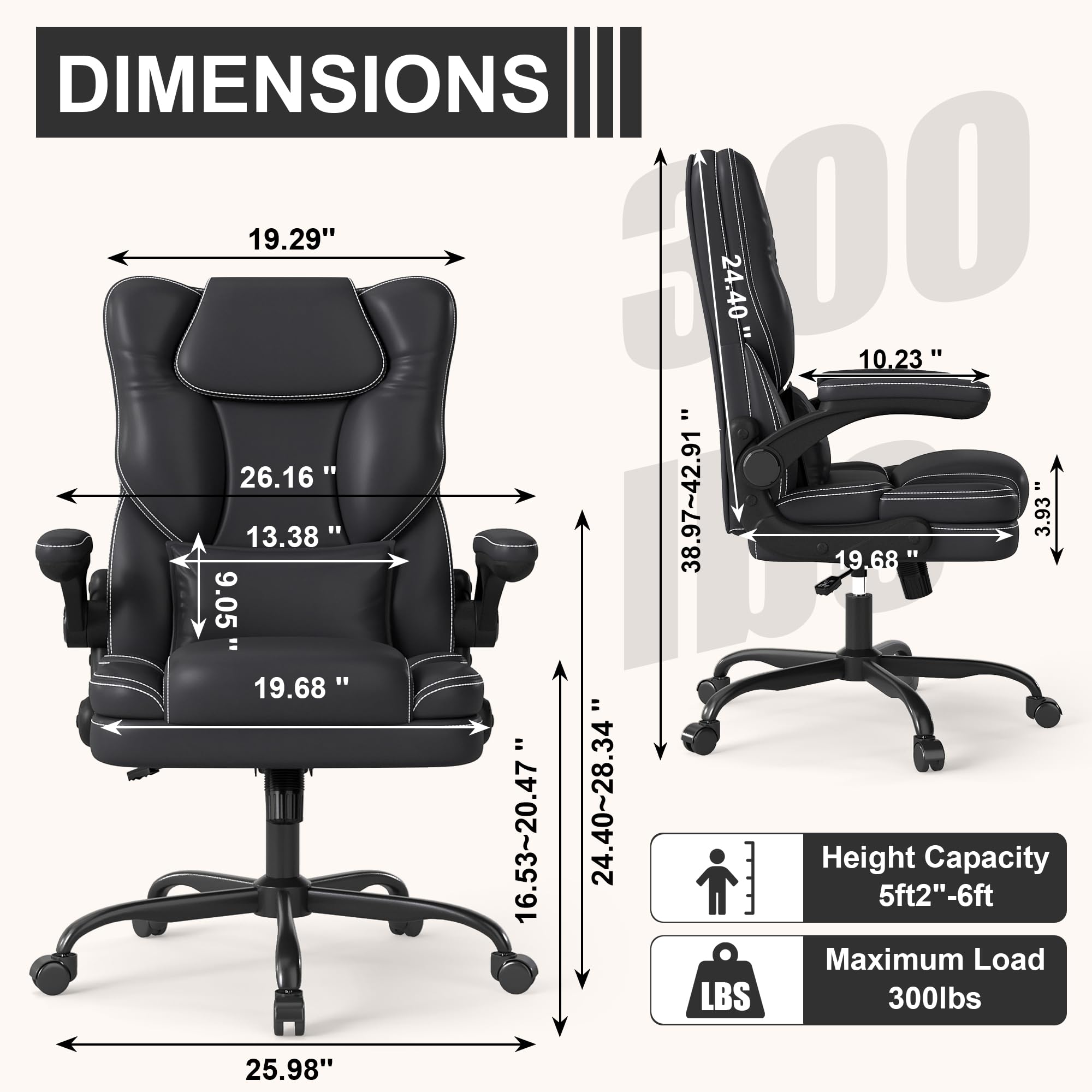 Ergonomic Office Chair with Flip-up Armrests 300lbs Middle-Tall Computer Office Desk Chair with Lumbar Support Executive Leather Chair — view 2