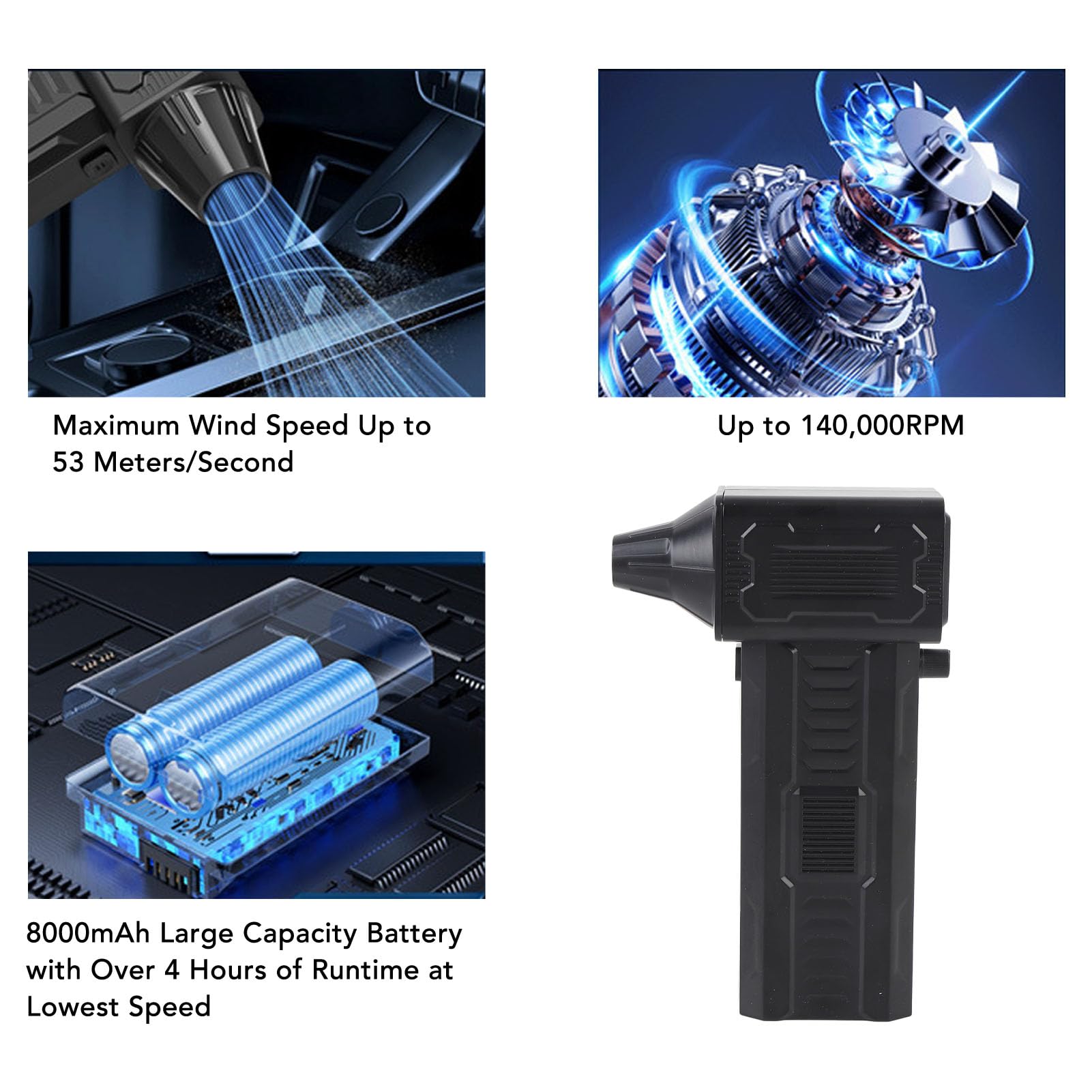 Luocute Plumero de Aire Eléctrico de 140000 RPM, Soplador de Aire Recargable Inalámbrico con Motor sin Escobillas y Ajuste de Velocidad Infinito, para Computadora, Coche, Eliminación de