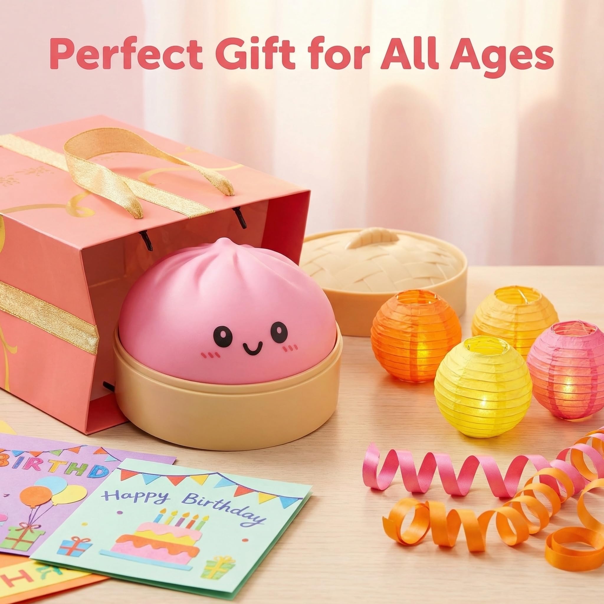 Dumpling Squishy,Squishy Dumpling Toy, Glitter Dumplings with Steamer Box, Cute Anxiety Relief Fidget Toy, Soft Squeeze Decompression Dough for Adults Teens & Kids (Pink) — view 5