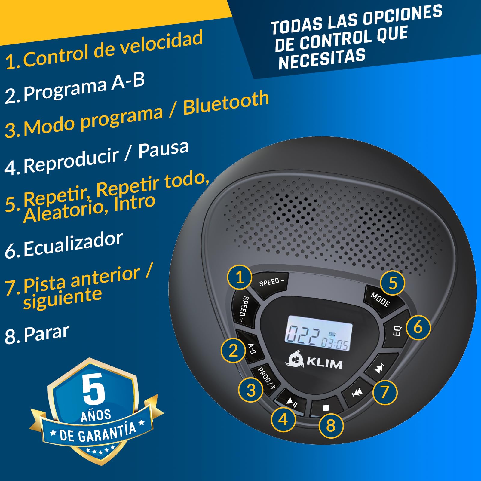 KLIM Speaker BT - Reproductor de CD portátil con Altavoces - Nuevo - con batería recarable - Discman CD portatil - Auriculares - Lector de Tarjetas SD/TF, AUX, Ideal para el Coche