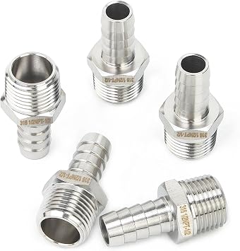 LTWFITTING Bar Production Stainless Steel 316 Barb Fitting Coupler/Connector 1/2" Hose ID x 1/2" Male NPT Air Fuel Water Pack of 5