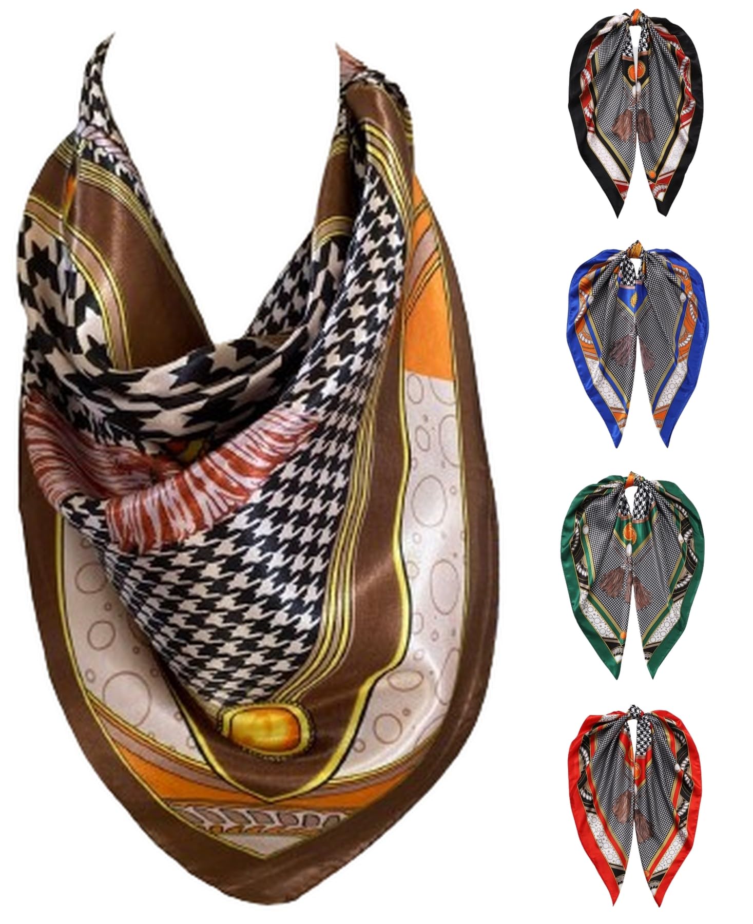 Scarf Shack Women's Pack Of 5 ’S Houndstooth Print Silk Scarf Satin Large Square Bandana Neck Hair Scarf, Beach Bandanas, Head Scarves, Neckerchief (Pack Of 5)