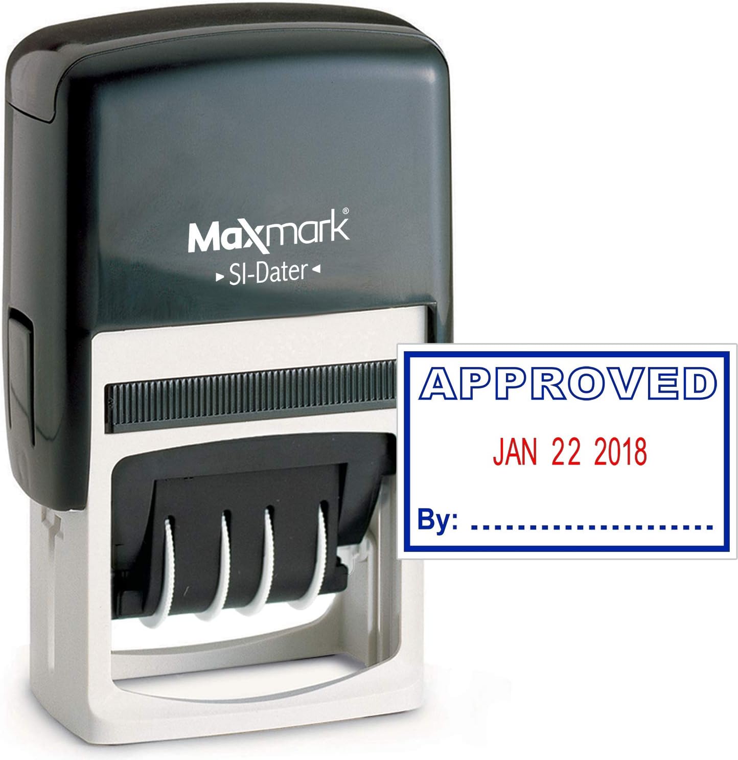MaxMark Office Date Stamp with Approved Self Inking Date Stamp - Blue/RED Ink