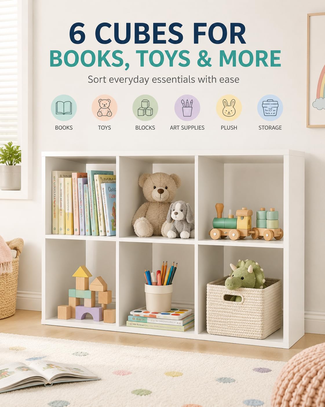 Mueble Organizador de Juguetes con 6 Cubos, Estantería Infantil Blanca para Libros, Peluches y Cajas, Almacenaje Montessori con 3 Paneles Traseros Desmontables, 92,5 x 29 x 62 cm