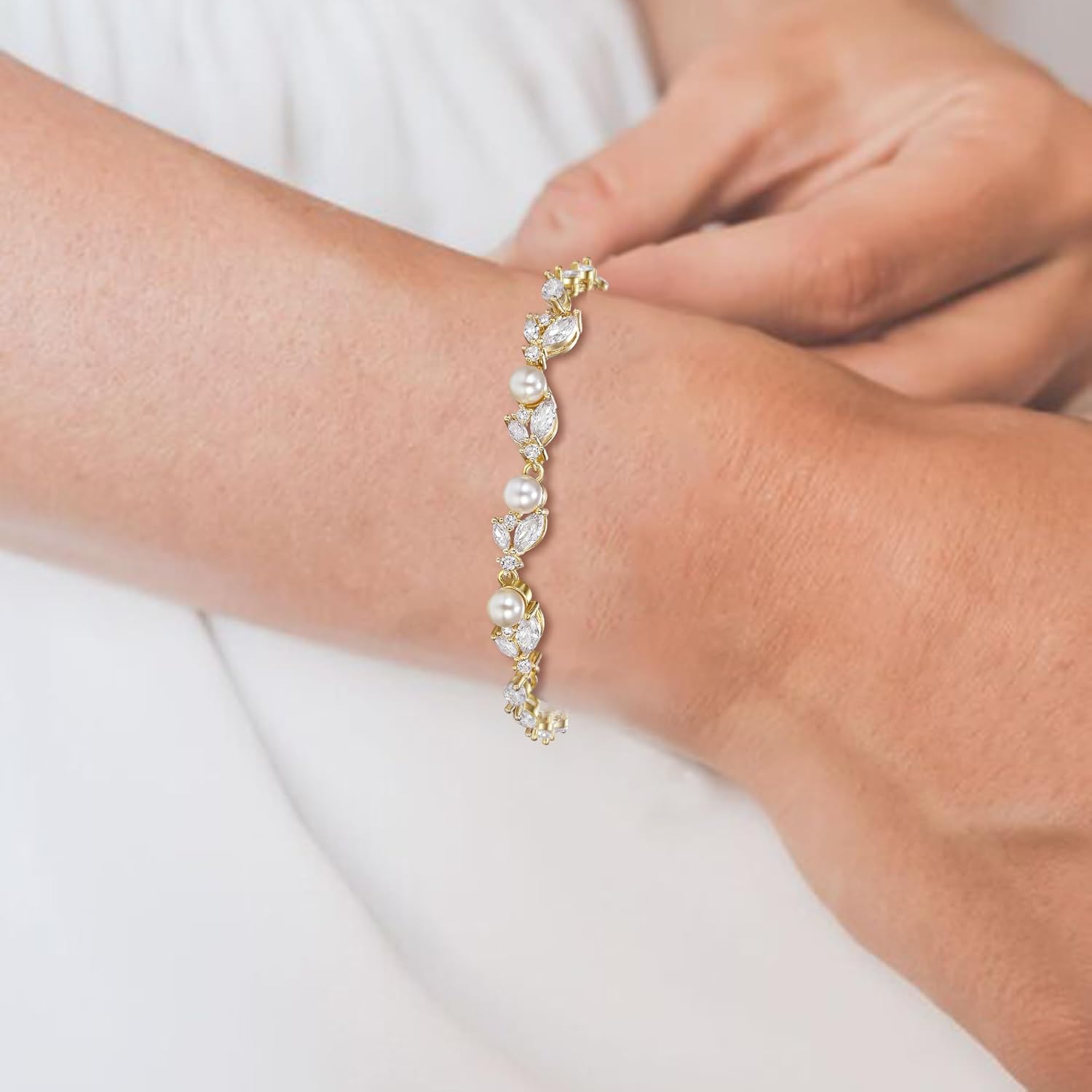 Crysdue Cubic Zirconia Simulated Pearl Bridal Wedding Leaf Filigree Tennis Bracelet for Brides Bridesmaid Birthday Mothers Christmas Valentines Day Jewelry Gifts for Women - Image 3
