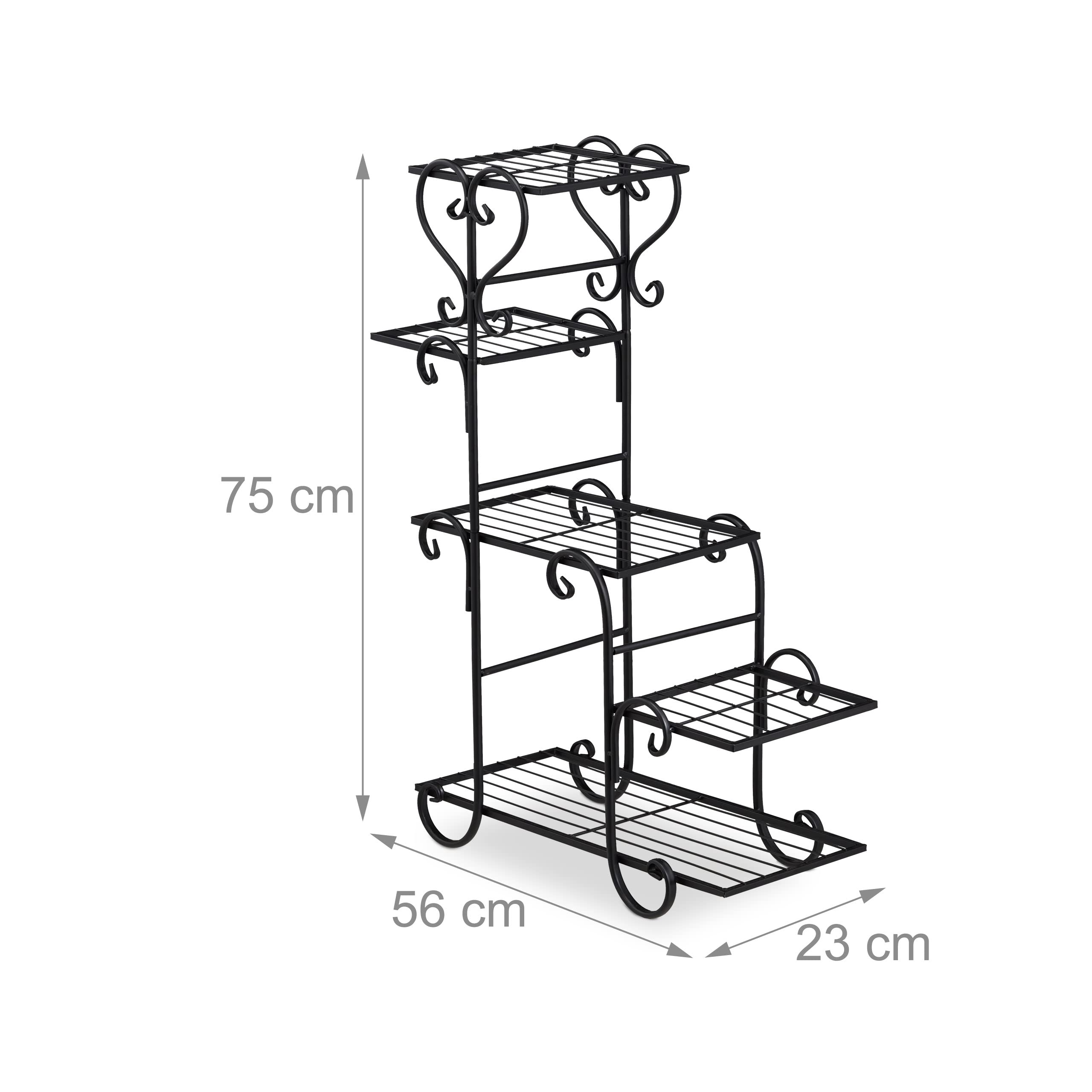 Relaxdays Scaffale Portavasi, 5 Ripiani, Design retrò, Mobile Portafiori Metallo, 75x56x23 cm, Tavolino per Vasi, Nero
