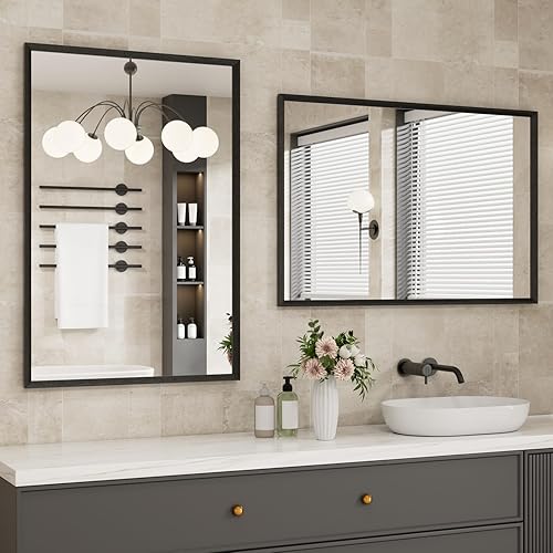 Miniatura 254 de Espejo de baño dorado, 48 x 30 pulgadas, espejo de marco de metal dorado cepillado para pared, espejo rectangular redondeado de tocador de baño