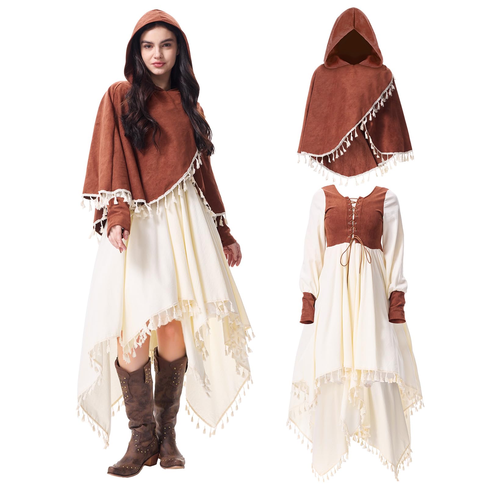 Crazycos Women Renaissance Dress Medieval Dress for Women Vintage Beige &  Brown Renaissance Gown with Detachable Hooded Cape Renaissance Fairs,  Cosplay, Themed Weddings & Halloween-M  BigaMart