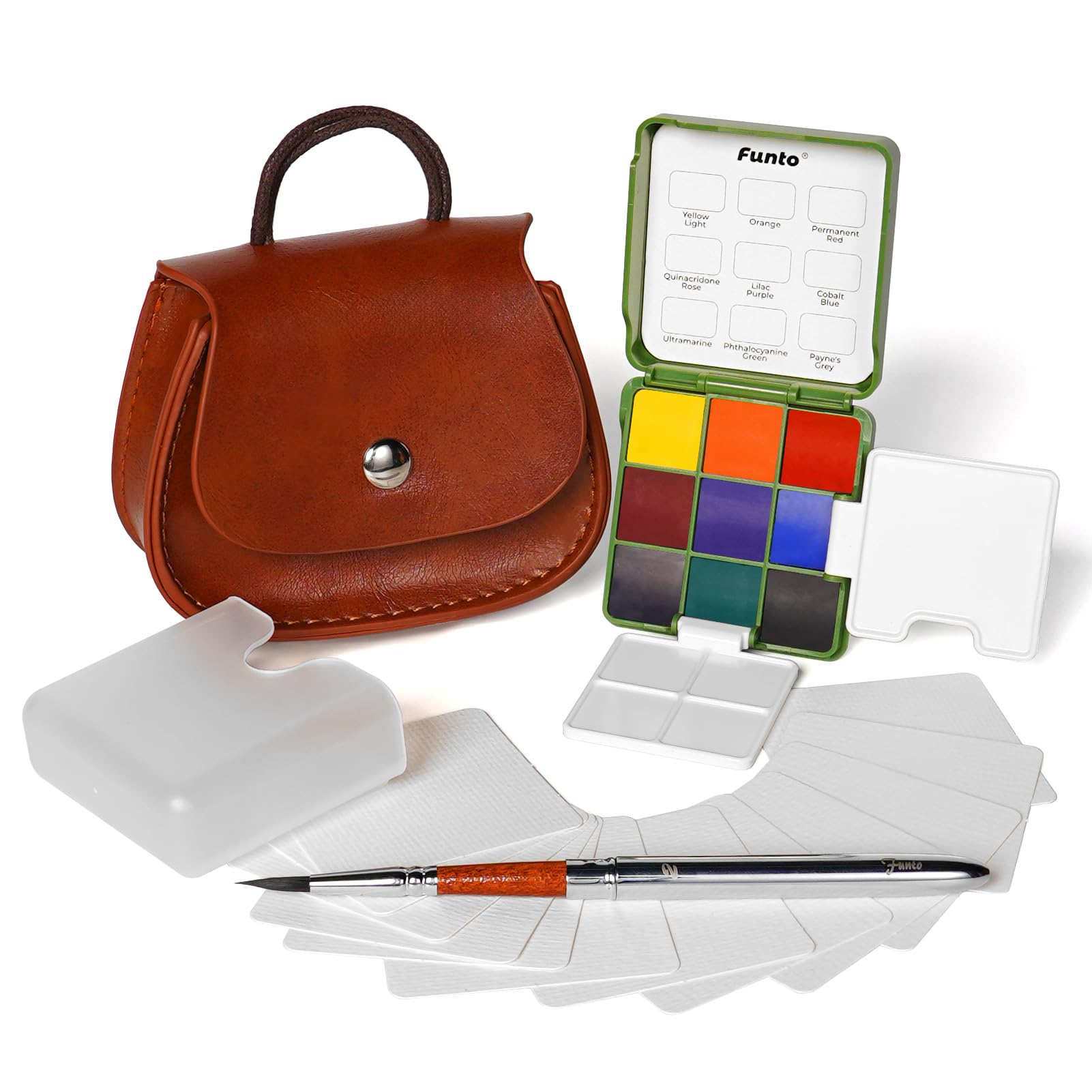 Funto-Taschen-Wasserfarben-Set, Reise-Mal-Kit mit 9 Farben, Leder-Schultertasche, Farbwasserbecher,2 faltbare Paletten und Mini-Wasserfarbenseiten