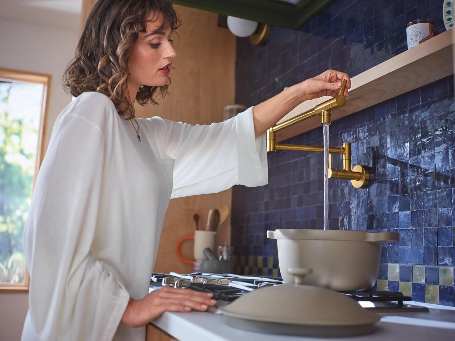 Moen Brushed Gold Modern Wall Mount Folding Swing Arm Pot Filler, Double Jointed Kitchen Stove Faucet, S665BG