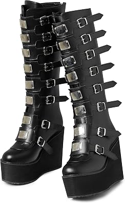 AOSPHIRAYLIAN Womens Goth Knee High Boots Wedge High Heel Motorcycle Punk Combat Platform Boots