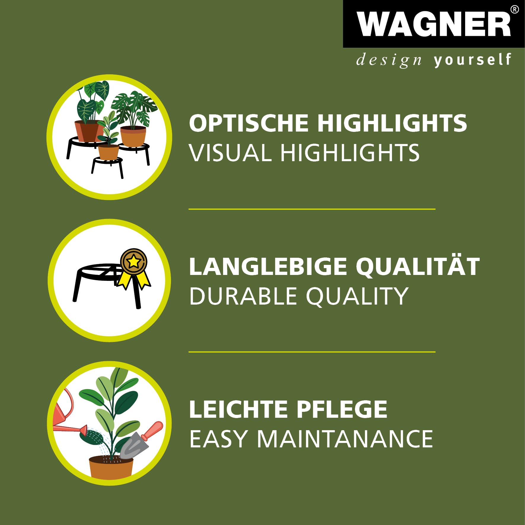 WAGNER Pflanzenständer - RETRO - Ø 38 x 25 cm , für Außenbereich + Innenbereich, Blumenständer aus pulverbeschichtetem Stahlrohr, Tragkraft 200 kg - 25068001