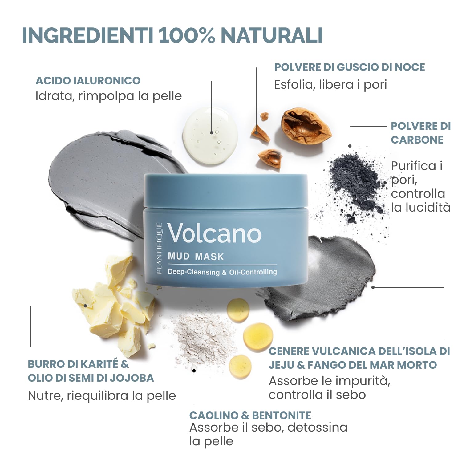 PLANTIFIQUE Maschera Viso Coreana Argilla Vulcanica e Fango Mar Morto – Maschera Viso Corpo con Carbone, Acido Ialuronico, Olio Jojoba, Burro Karité – Purifica, Affina Pori, Idrata e Calma – 110 g