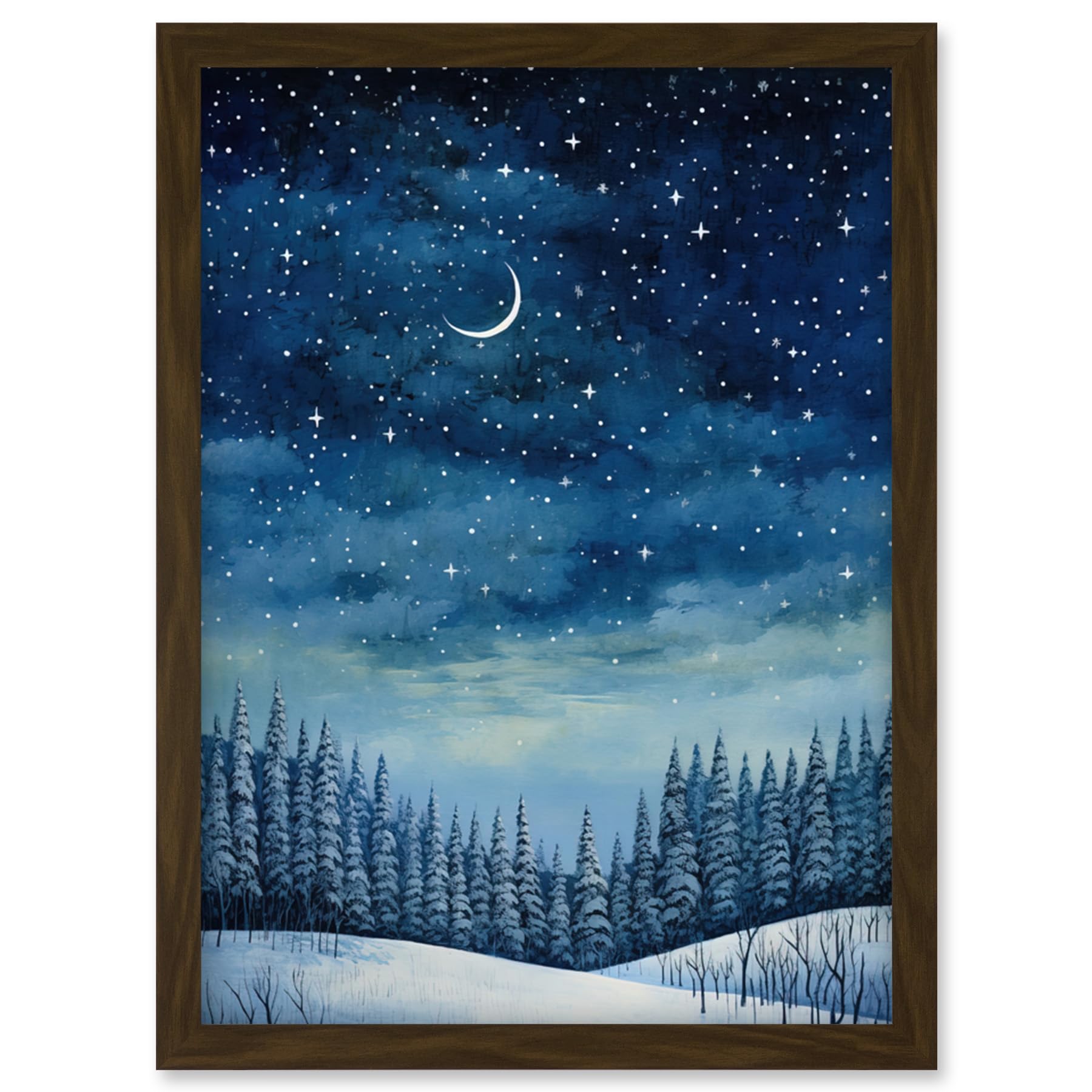 Clear Sky Starry Night in Snow Forest Moon Winter Landscape Framed Art Print A4