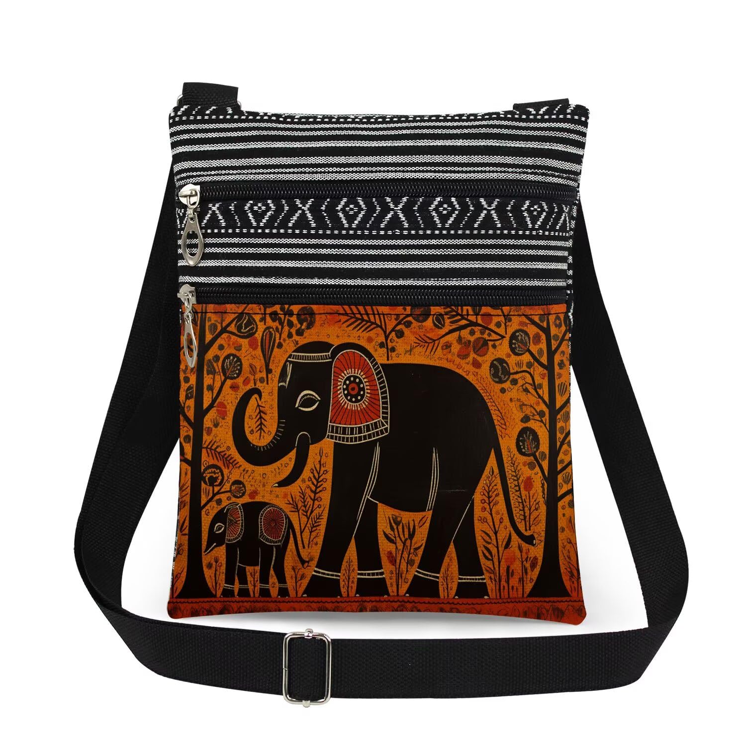 Elephant Print Women Crossbody Bag Wildlife with Plant Adjustable Shoulder Strap Messenger Bag Men Travel Crossbody Purse Unique Birthday Present Elephant Gift for Adult