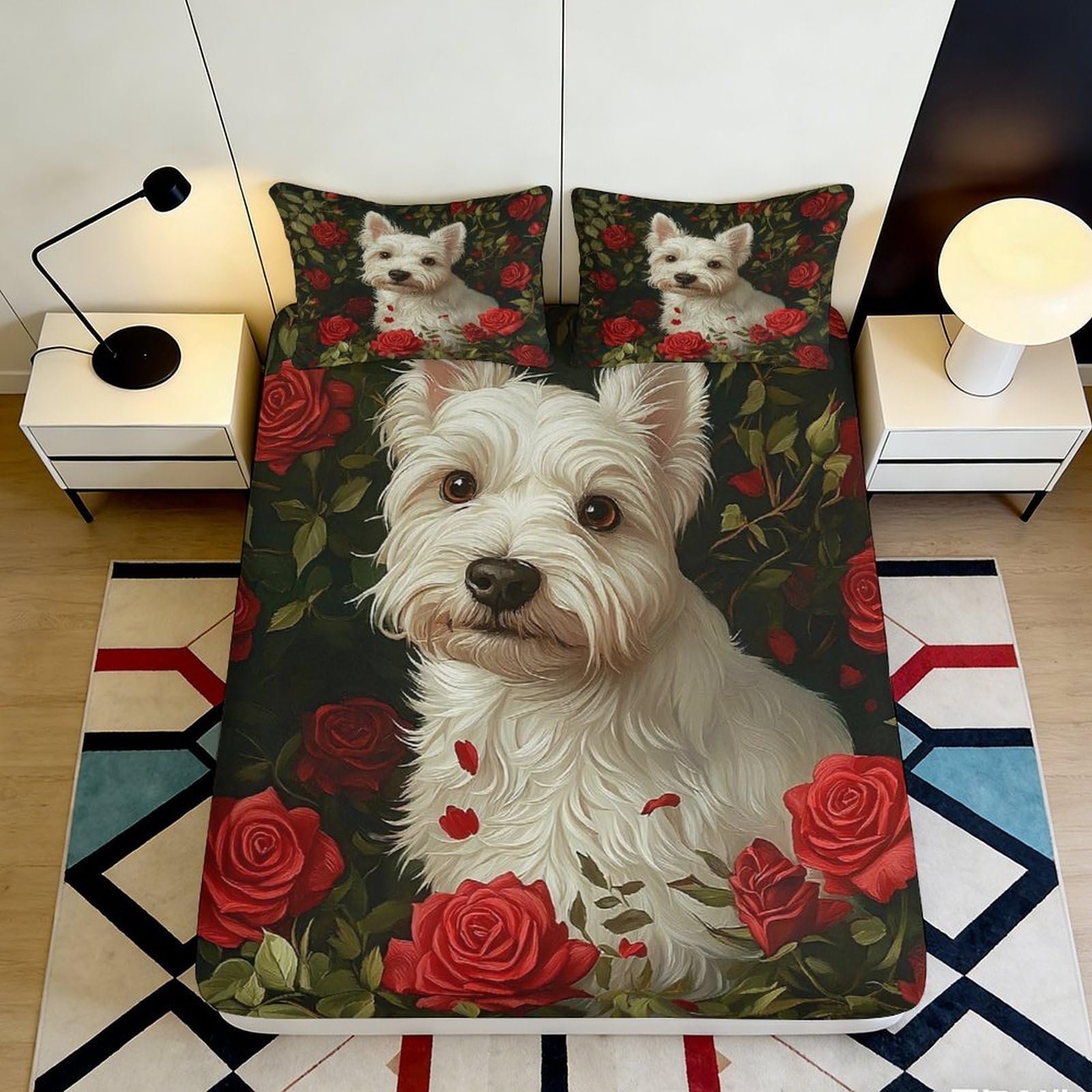 3D Printed White Terrier Dog Fitted Sheet Microfiber Floral Rose Bed Cover for Bedroom Guest Room Decor 120x200cm 160x200x25cm