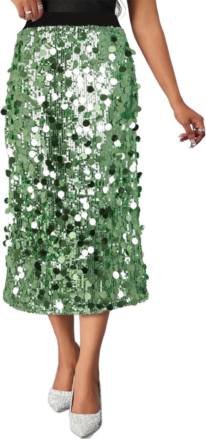 Womens Sequin Skirt Elastic Waist High Waist A line Sparkly Shiny Midi Concerts Night Out Club Party Skirts