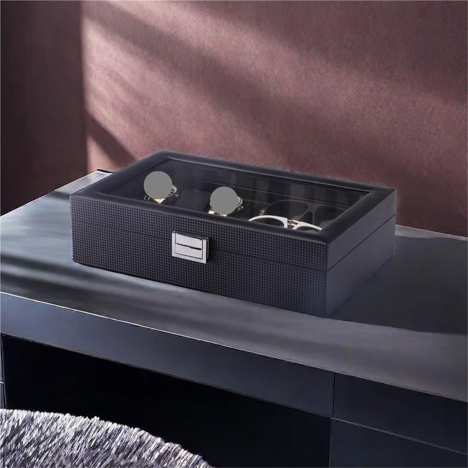 Uhr Brillenetui 6 Gitter Tisch 3 Gläser Aufbewahrungsbox Faser PU Leder Sonnenbrillen Box Display FüR Brillen