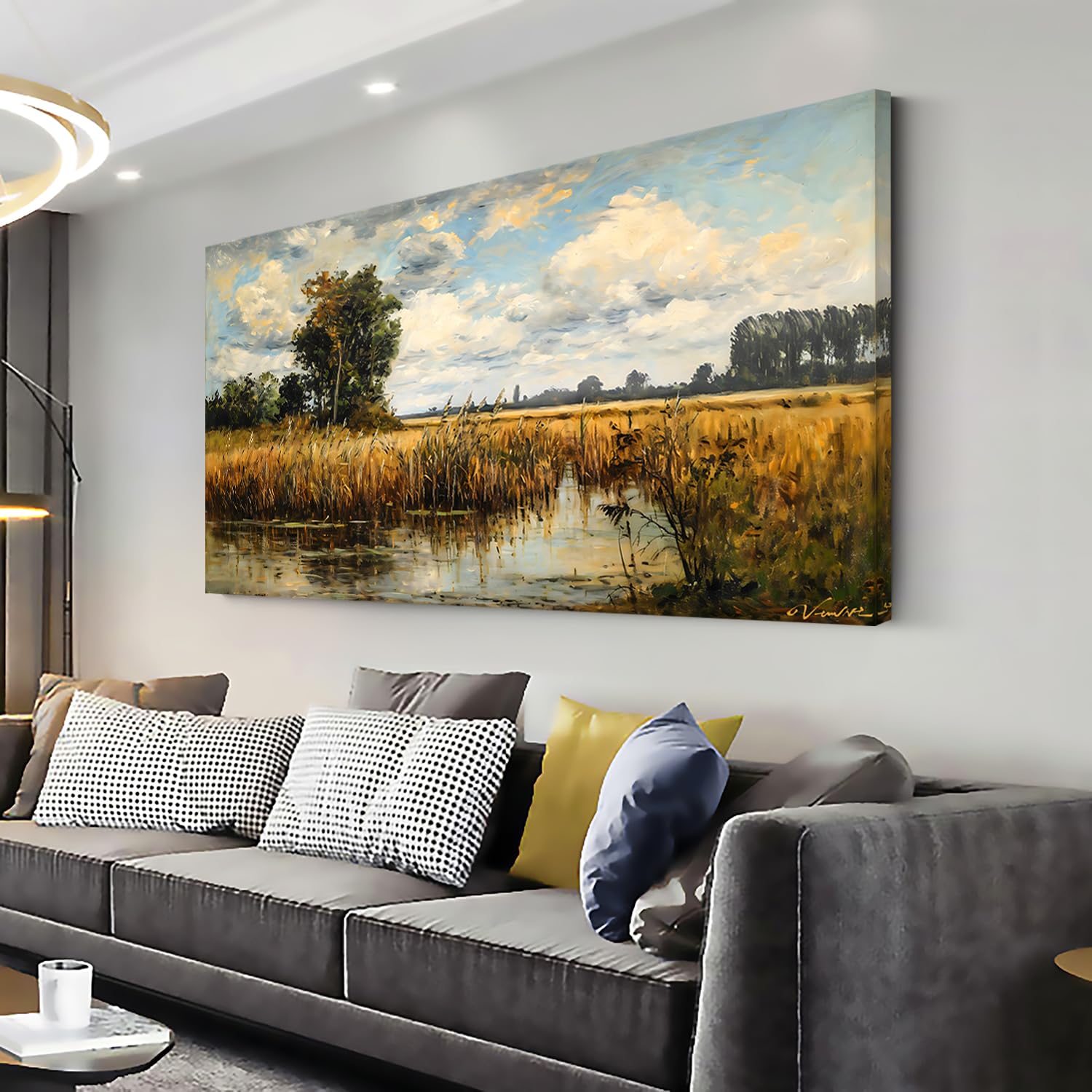 LASMOND Beautiful Wilderness Meadow Canvas Wall Art Oil Painting Reproduction Print Vintage Wildflower Field Scenery Countryside Landscape Tree Rustic