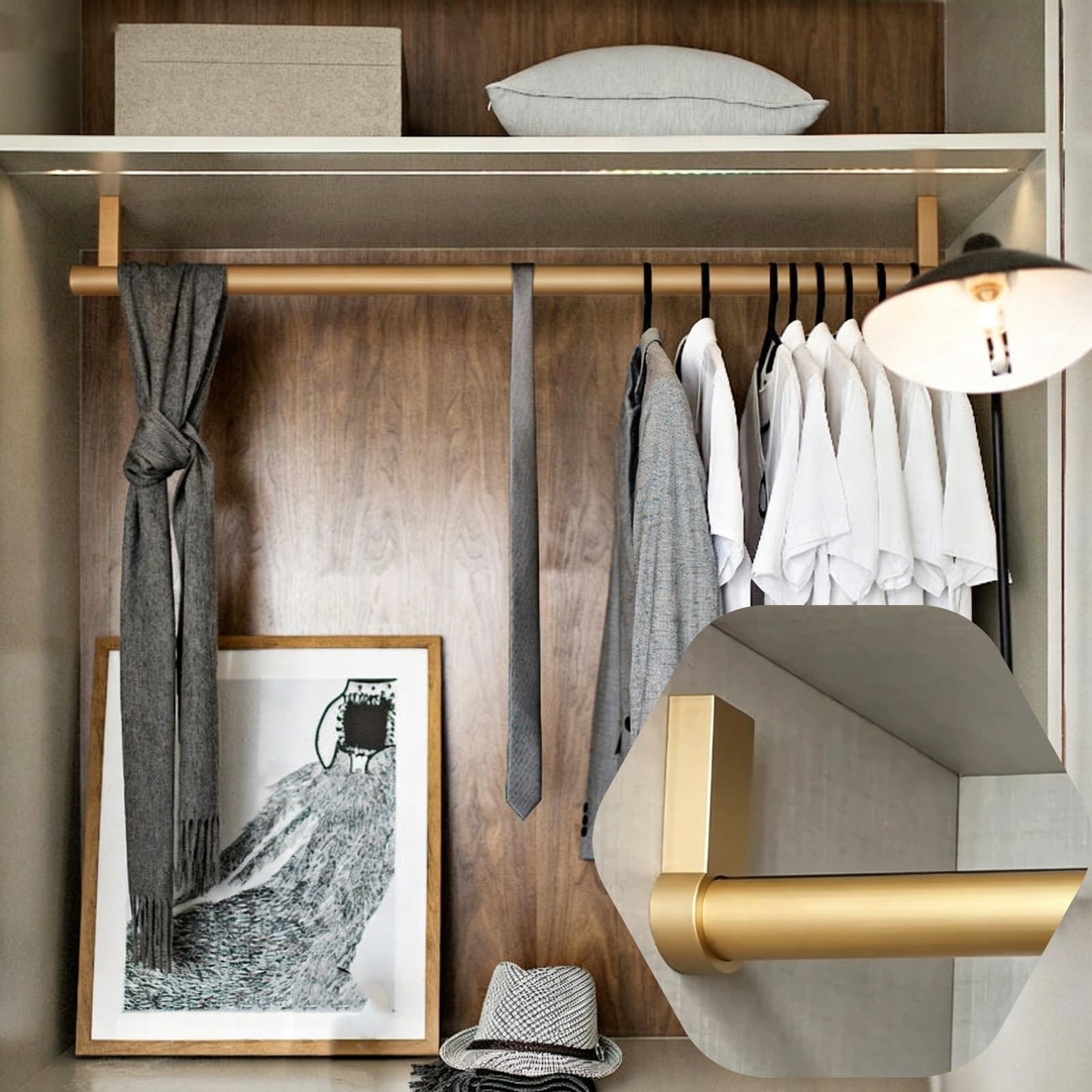 Wardrobe Rail Brushed Gold Closet Hanging Rod Ceiling Wall Mount, 12 16 18 24 30 35 37 40 48 53 56 59 in Wardrobe Rail Support Bracket Pole, Cloakrooms Hanger Rail(34 in (86 cm))