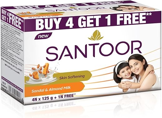 Santoor Skin Softening Sandal & Almond Milk Bathing Soap with Nourishing & Anti-Aging Properties| For Smooth & Soft and Younger-Looking Skin| For…