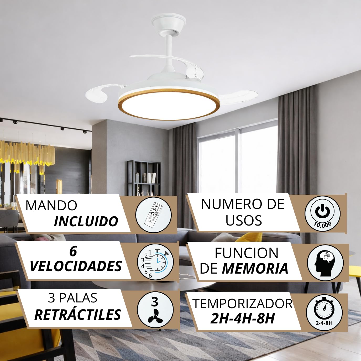 NARVI Ventilador de Techo Madera Roble MORAIRA con Luz LED Regulable, Motor DC Silencioso de Bajo Consumo, Lámpara Ventilador con Mando a Distancia, 3 Aspas Retráctiles, Función Invierno Verano,