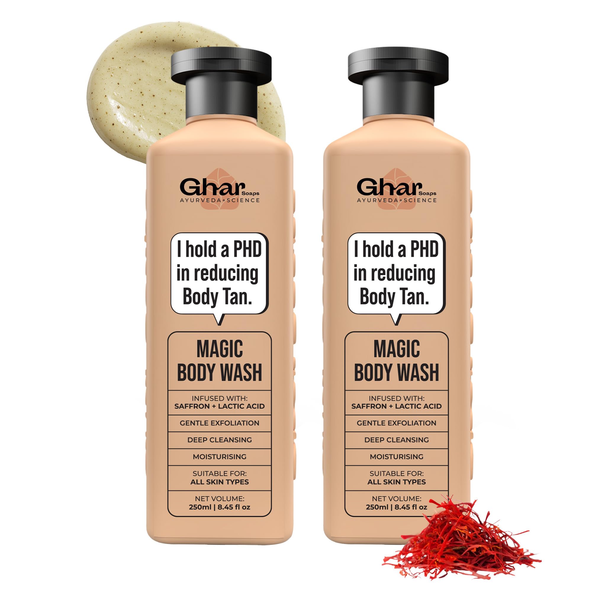 ghar soaps body wash duo for tan removal & bright skin | with saffron, lactic acid & niacinamide | deep exfoliation without dryness | softens & evens skin tone (2 x 250ml)