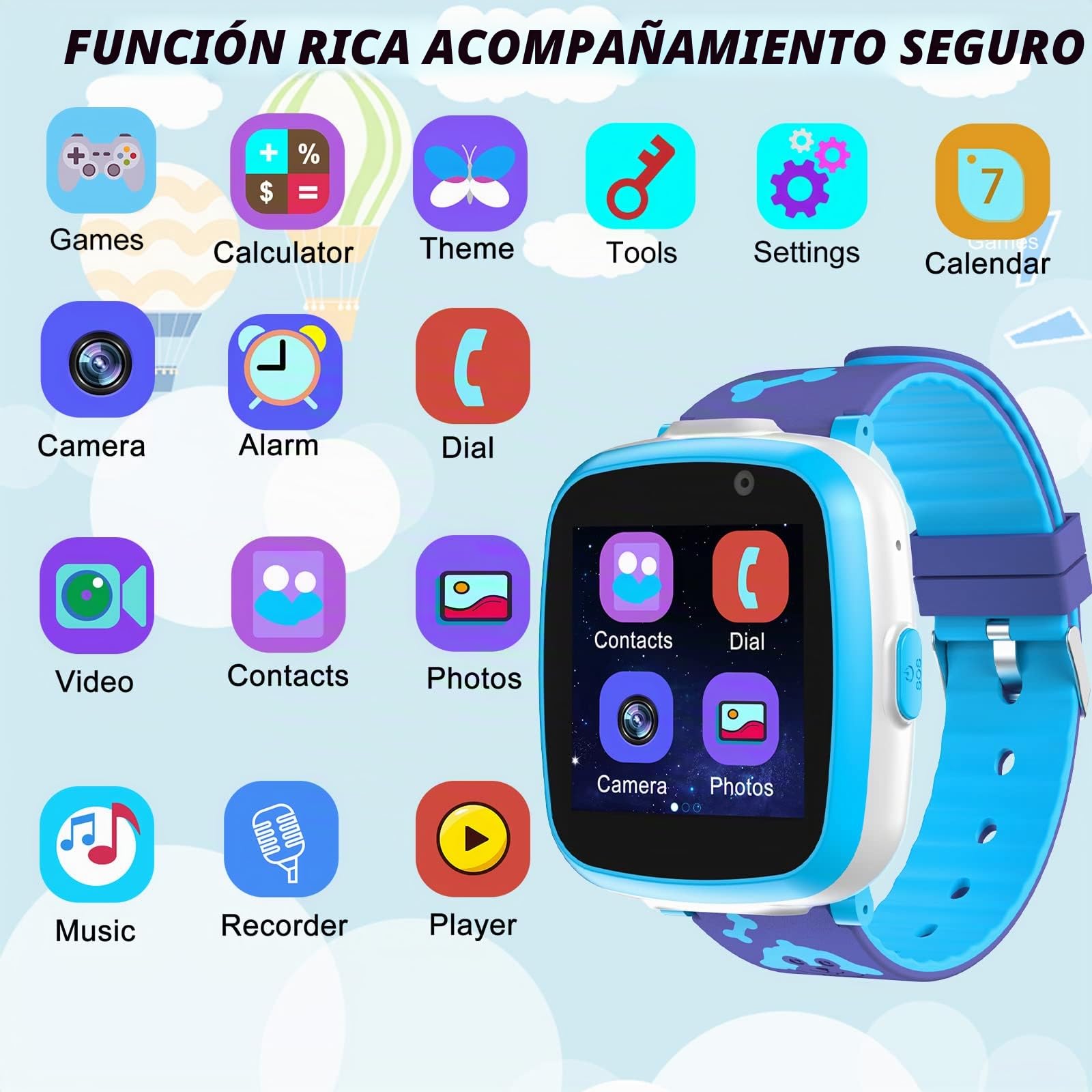 Reloj Inteligente, Relojes Llamadas Chat de Voz SOS Control Parental Cmara música Juegos multicolor Relojes Telefono Regalo para Niños Niña de 3-12 Años