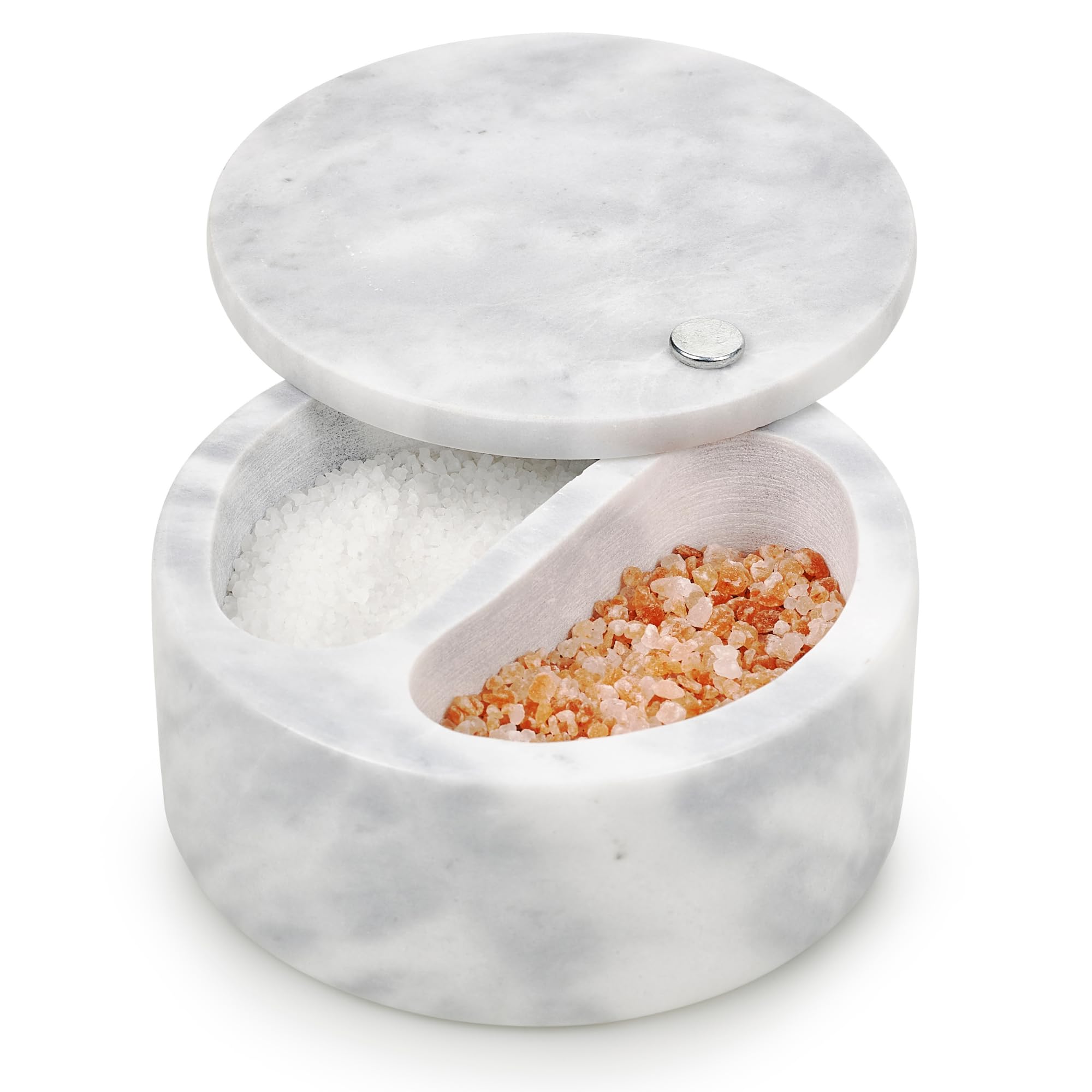 Homiu Salt Cellar Marble 2 Compartment with Swivel Top Storage Salt and Pepper Keeper Cellar Jar